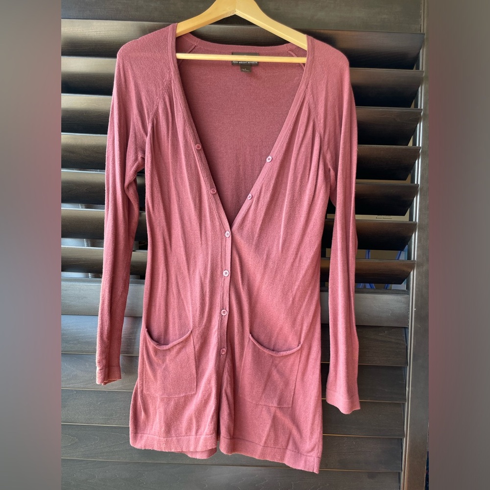 Y2K Fenn Wright Manson 100% Cotton Pink long Cardigan Button down Size Small